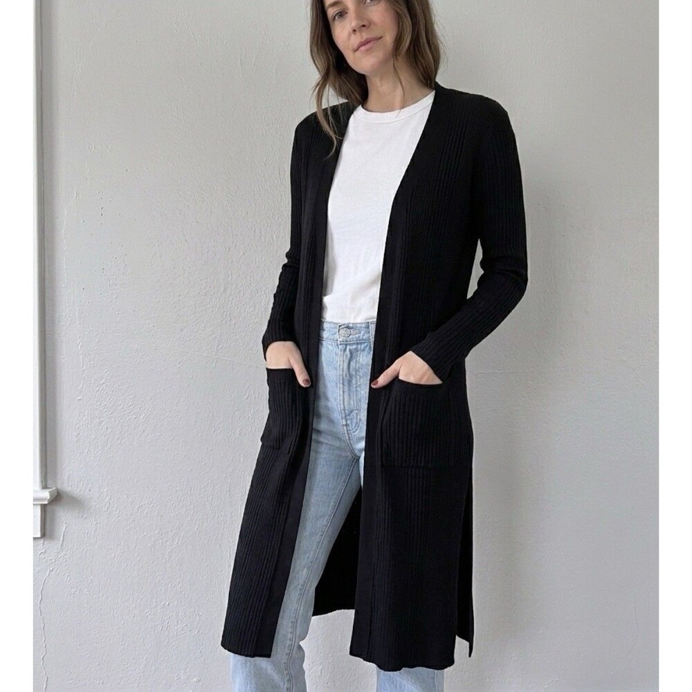 Faded Glory Women's Ribbed Duster Maxi Cardigan pocket black Size L 12-14
